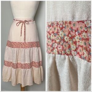 Vintage Cottage Core Prairie Cream and Pink Tiered Midi Skirt with Tie Front